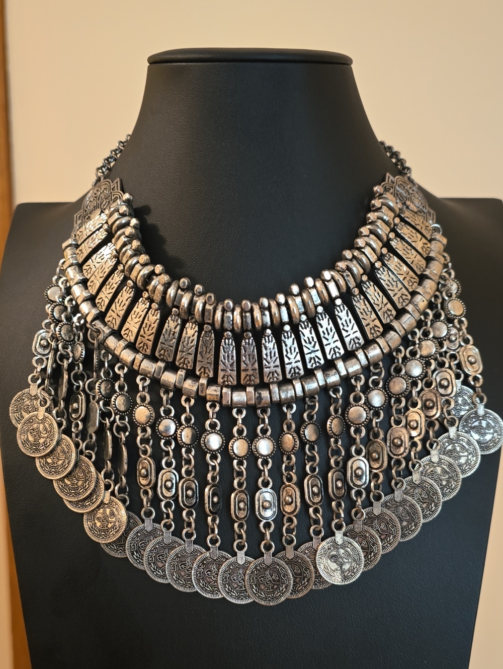Statement Silver-Tone Tribal Coin Fringe Necklace